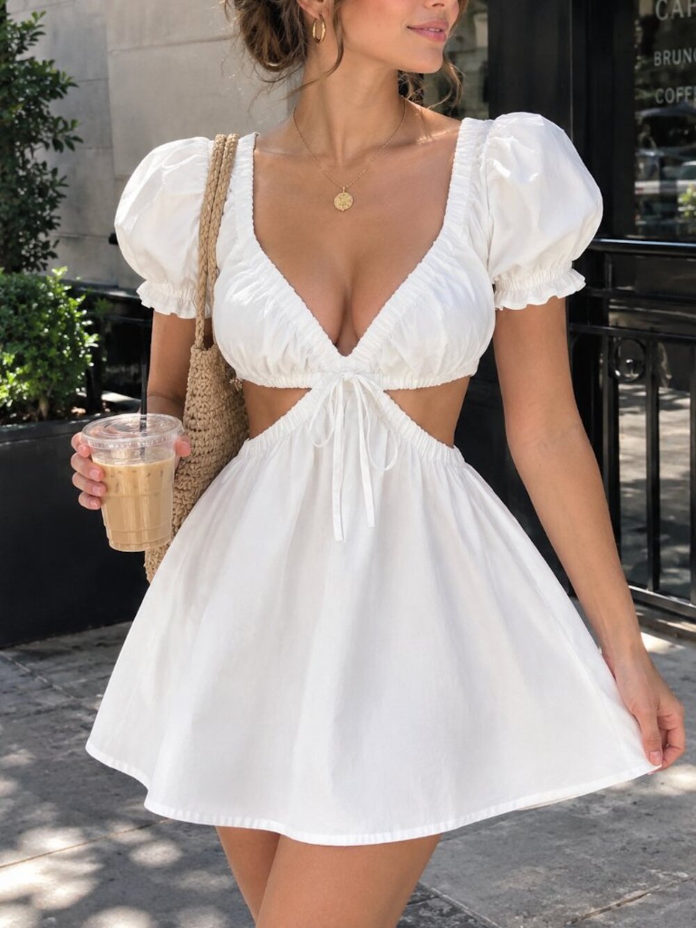 H&M White Cut-Out Puff Sleeve Mini Dress - Size XL